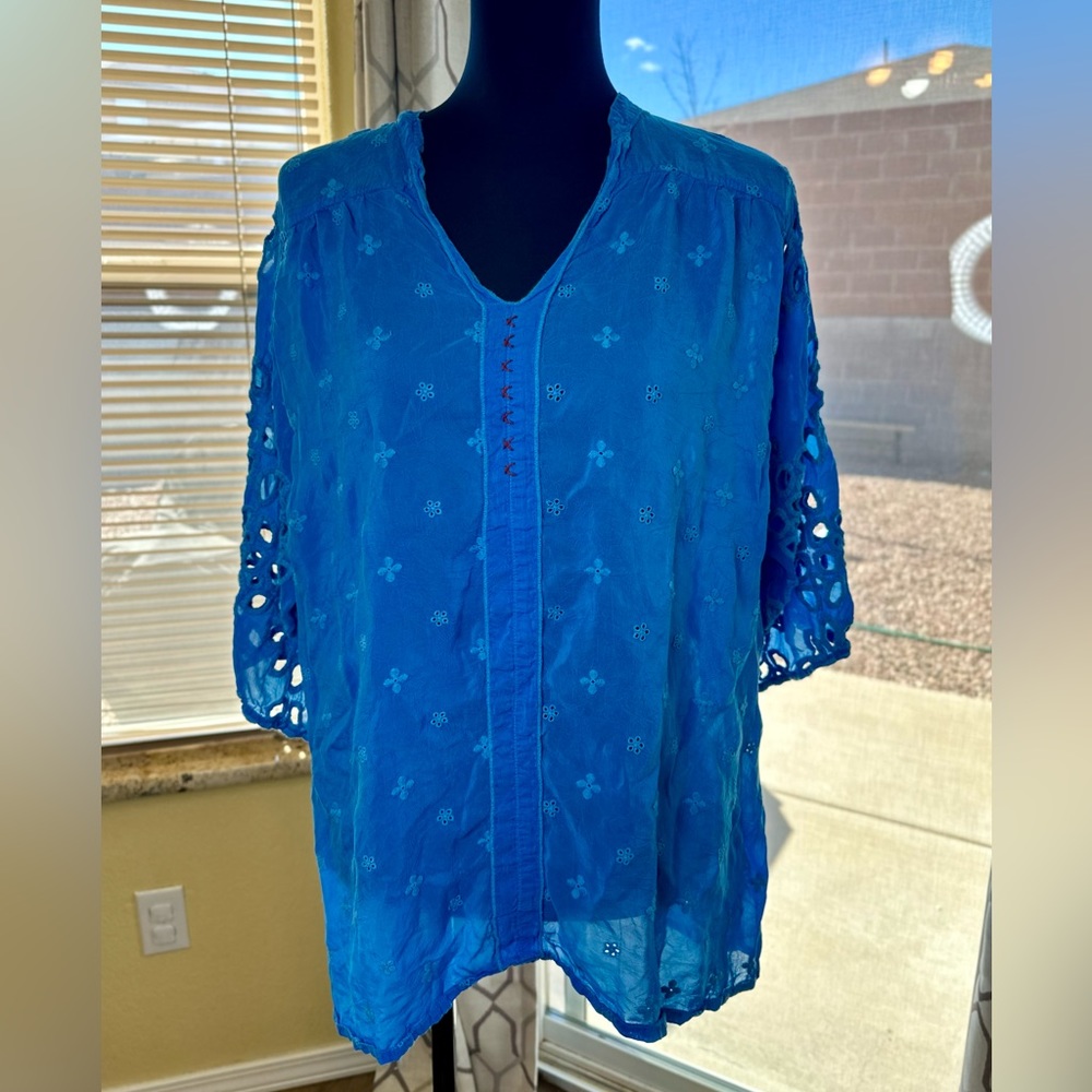 EUC Johnny Was Semi-Sheer Cerulean Blue Floral Embroidered Blouse - Picture 4 of 13